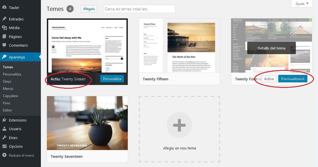 Llistat de temes instal·lats en el nostre WordPress