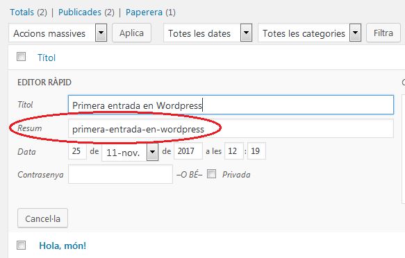 Edició Ràpida del Resum (Slug) des del llistat d'Entrades o Pàgines