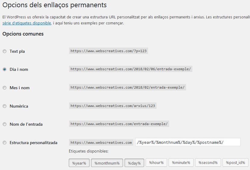 Pantalla Opcions Enllaços Permanents (permalinks)