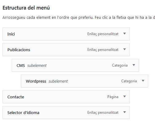 Apartat Estructura del menú de la pantalla d'edició de menús de WordPress