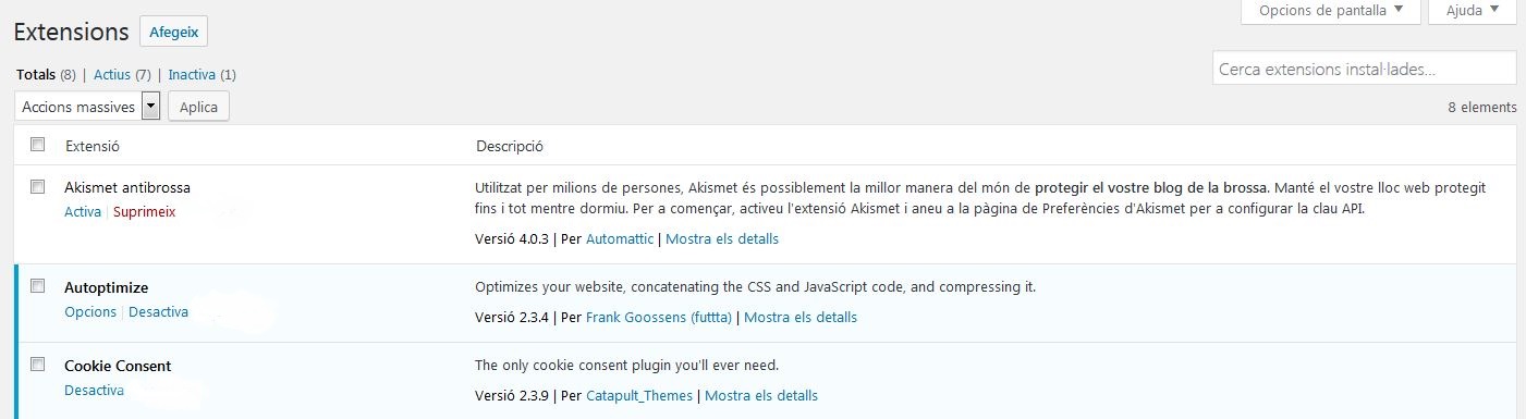 Llistat d'extensions (plugins) amb les opcions d'activar, desactivar, suprimir...